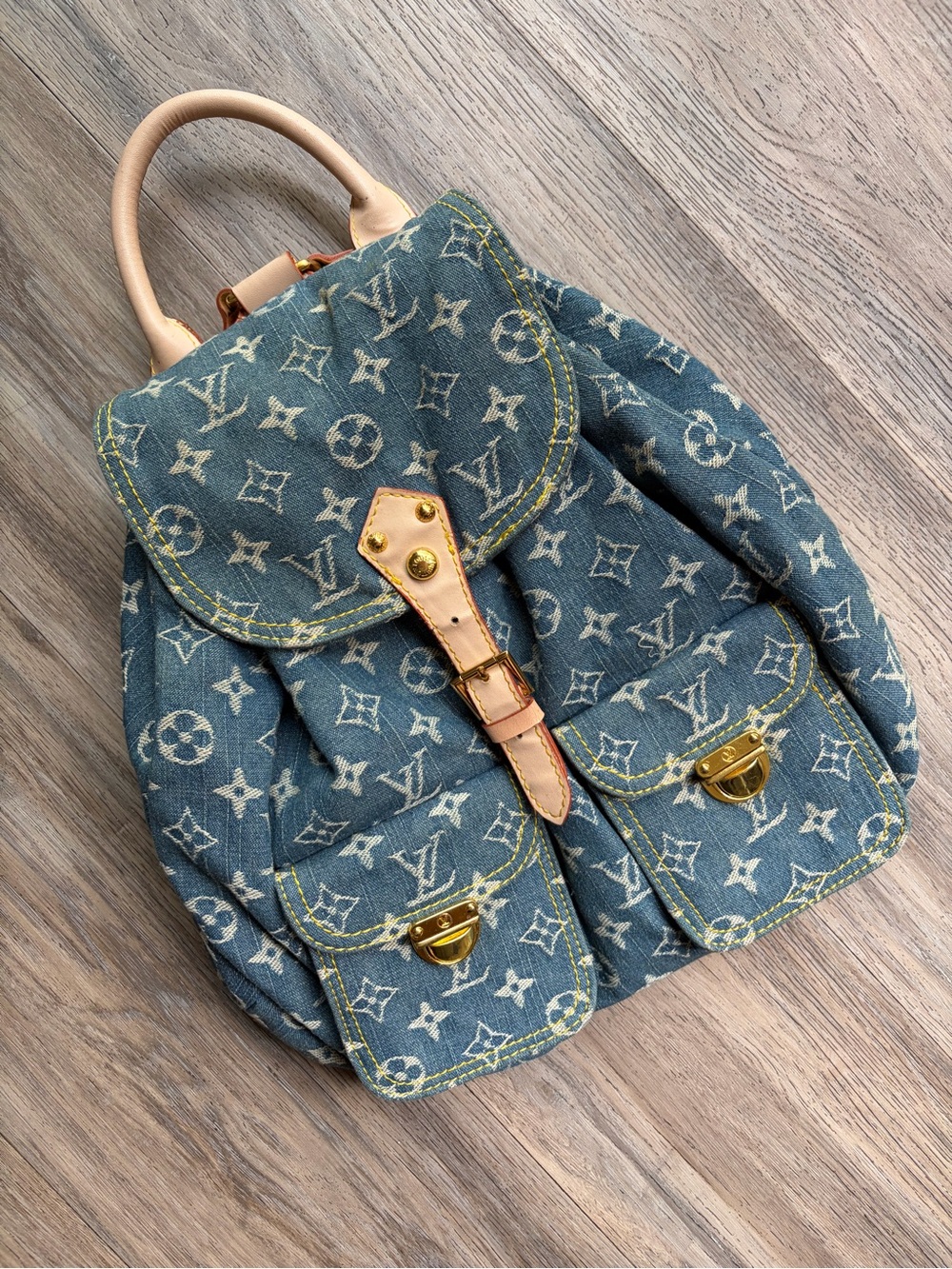Stylish Fashion Denim Backpack with Tan Leather Trim